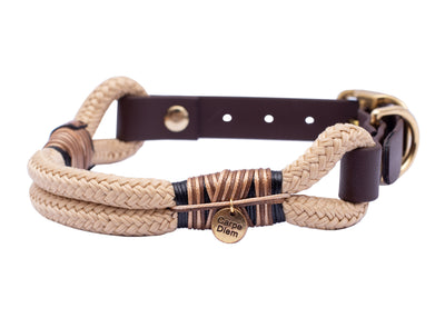Handgefertigtes Tauhalsband ohne Perlen in Creme mit Brauner Takelung und Biothane-Verschluss für Hunde – robust, vegan und individuell verstellbar von EMMY&PEPE