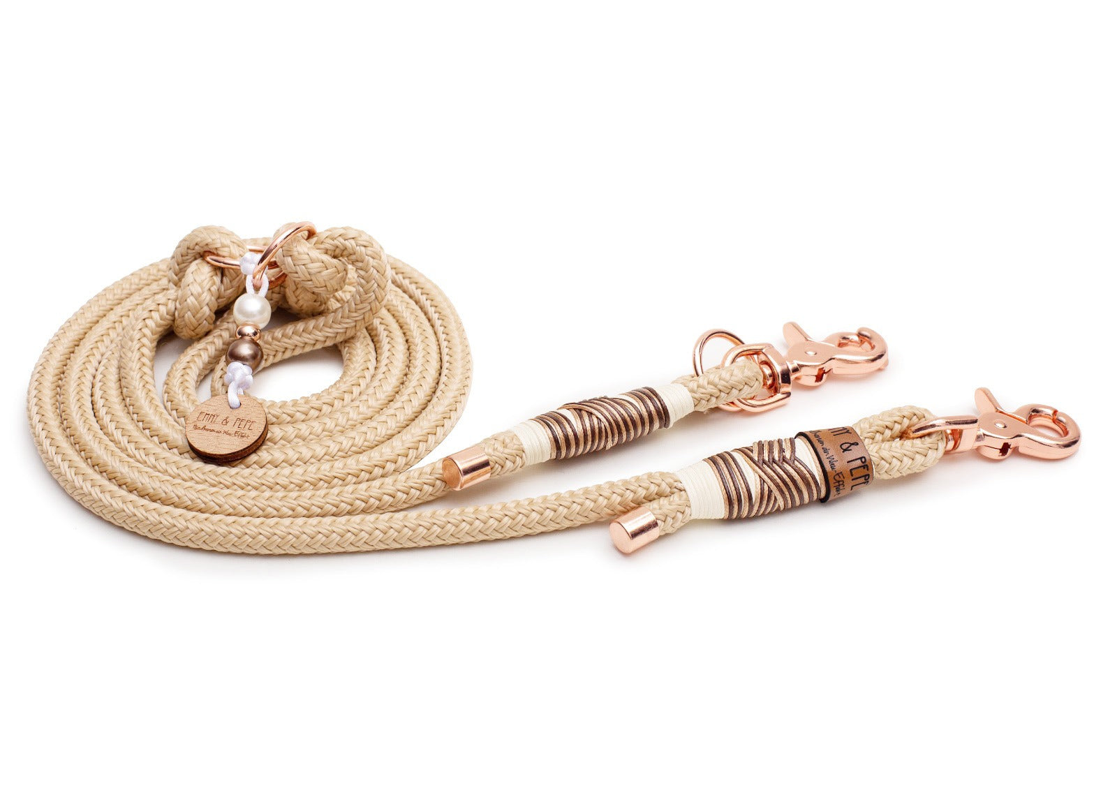 3-fach verstellbare Tauleine aus hochwertigem Klettertau von EMMY & PEPE. Handgefertigte Hundeleine mit roségoldenen Bolzenkarabinern für kleine und mittelgroße Hunde.