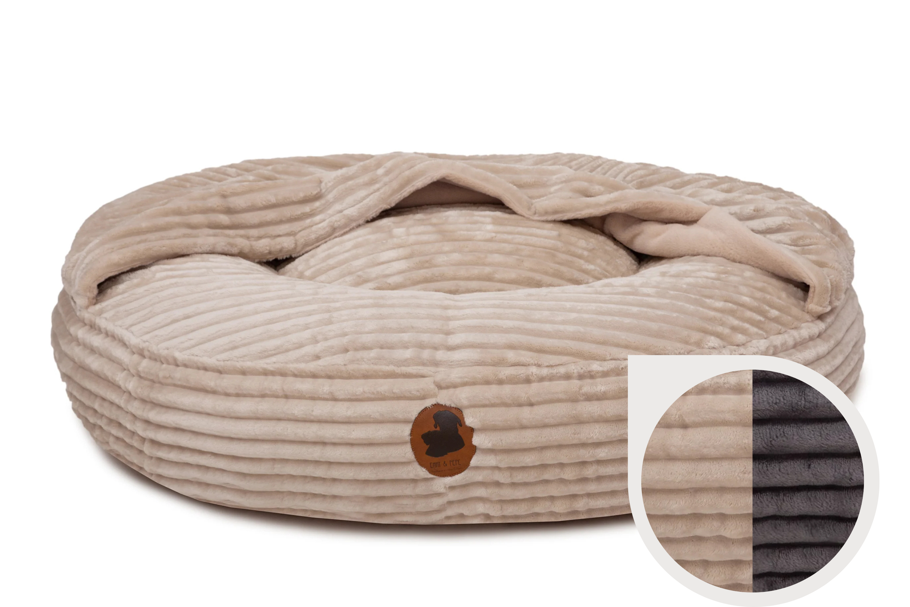Orthopädisches Wau-Bed mit Höhle aus Kuschelcord in Creme und Dark Grey für Hunde