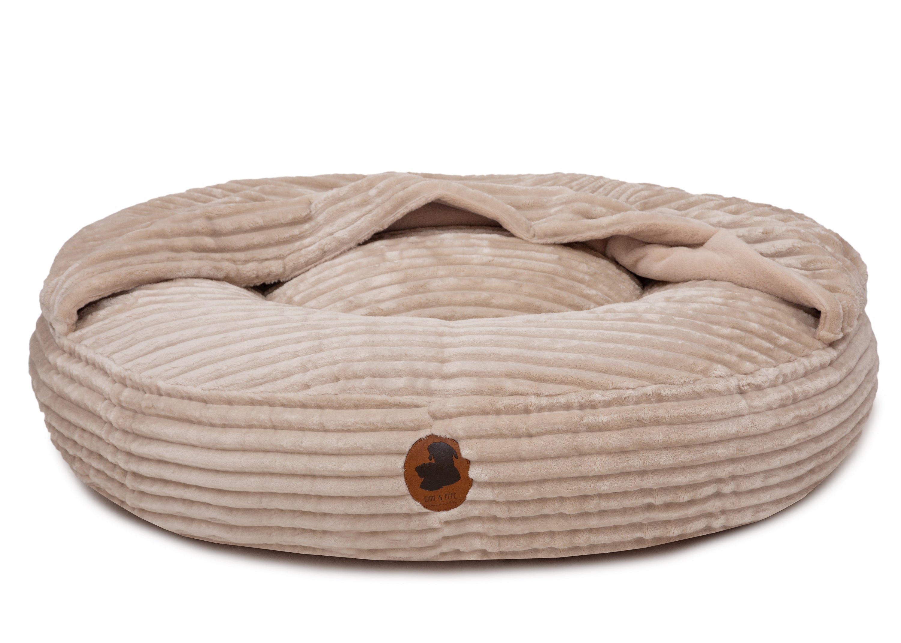 
Orthopädisches Hundebett mit integrierter Höhle aus Kuschelcord in Creme