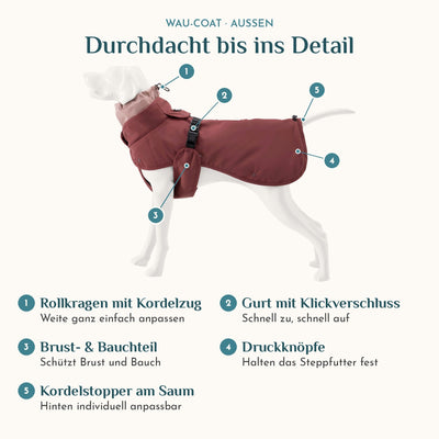 Wau-Coat Details außen: Rollkragen mit Kordelzug, Klickverschluss, Bauchteil und Druckknöpfe