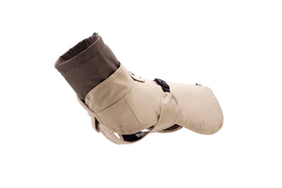 Wau-Coat Hundemantel in Taupe – 2-in-1 Regenmantel und Wintermantel mit schokobraunem Rollkragen