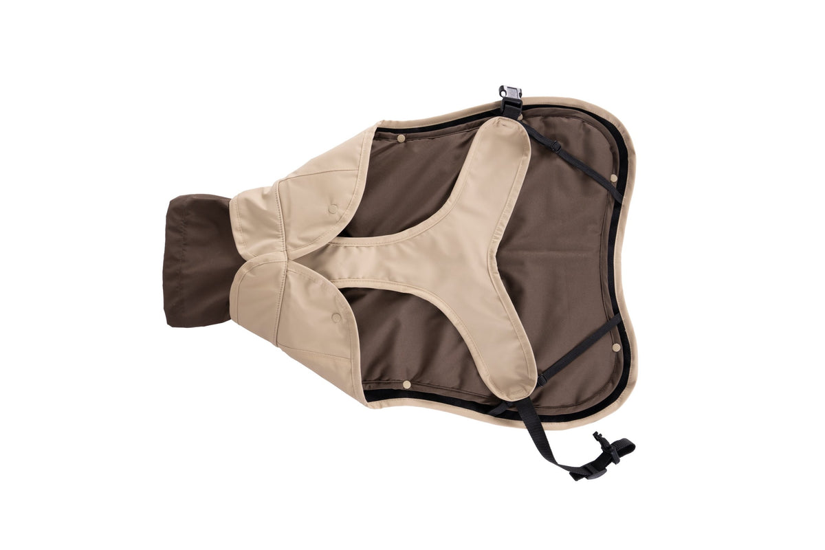 Wau-Coat Taupe ausgebreitet: Innenseite mit Bauchschutz und verstellbaren Beinschlaufen