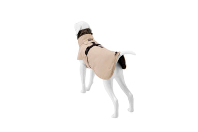 Wau-Coat Taupe von hinten mit verstellbarem Gurt und Kordelstopper am Saum