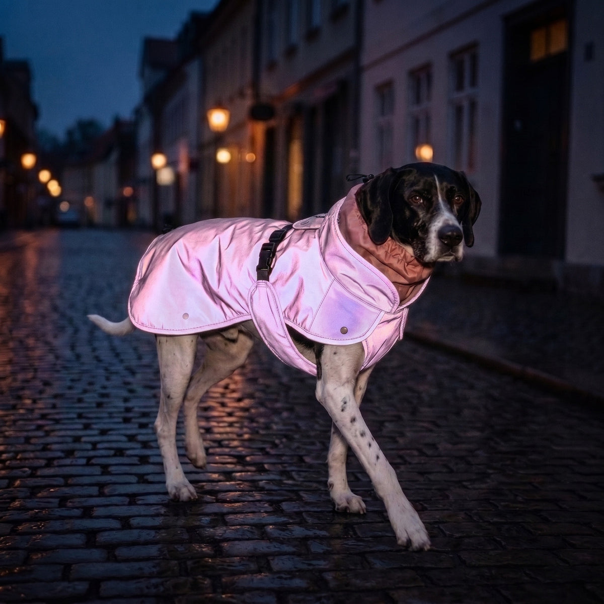 Wau-Coat Beere reflektiert nachts rosé-violett schimmernd – rundum reflektierender Hundemantel für dunkle Gassirunden