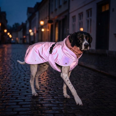 Wau-Coat Beere reflektiert nachts rosé-violett schimmernd – rundum reflektierender Hundemantel für dunkle Gassirunden