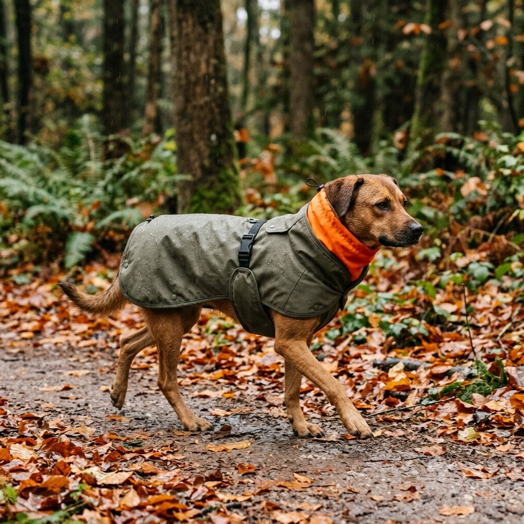 Hund im Wau-Coat Olive bei Herbstregen im Wald – Regenmantel für Hunde mit wasserdichtem Oberstoff