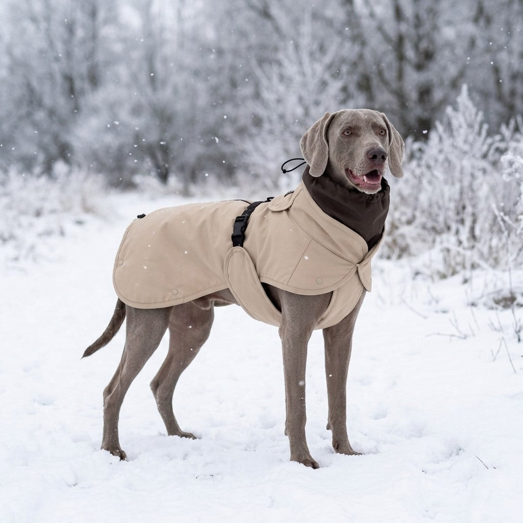 Weimaraner im Wau-Coat Taupe im Schnee – Hundemantel mit Steppfutter als Wintermantel