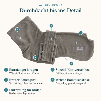 Wau-Dry Details: extralanger Kragen, Spezial-Klettverschluss, breiter Bauchgurt und Einkerbung für Rüden