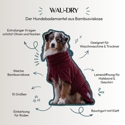 Wau-Dry Funktionen: extralanger Kragen, Leinenöffnung, Bauchgurt mit Klett, Einkerbung für Rüden, 15 Größen