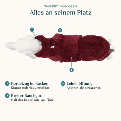 Wau-Dry von oben: Kordelzug im Nacken, Leinenöffnung und breiter Bauchgurt