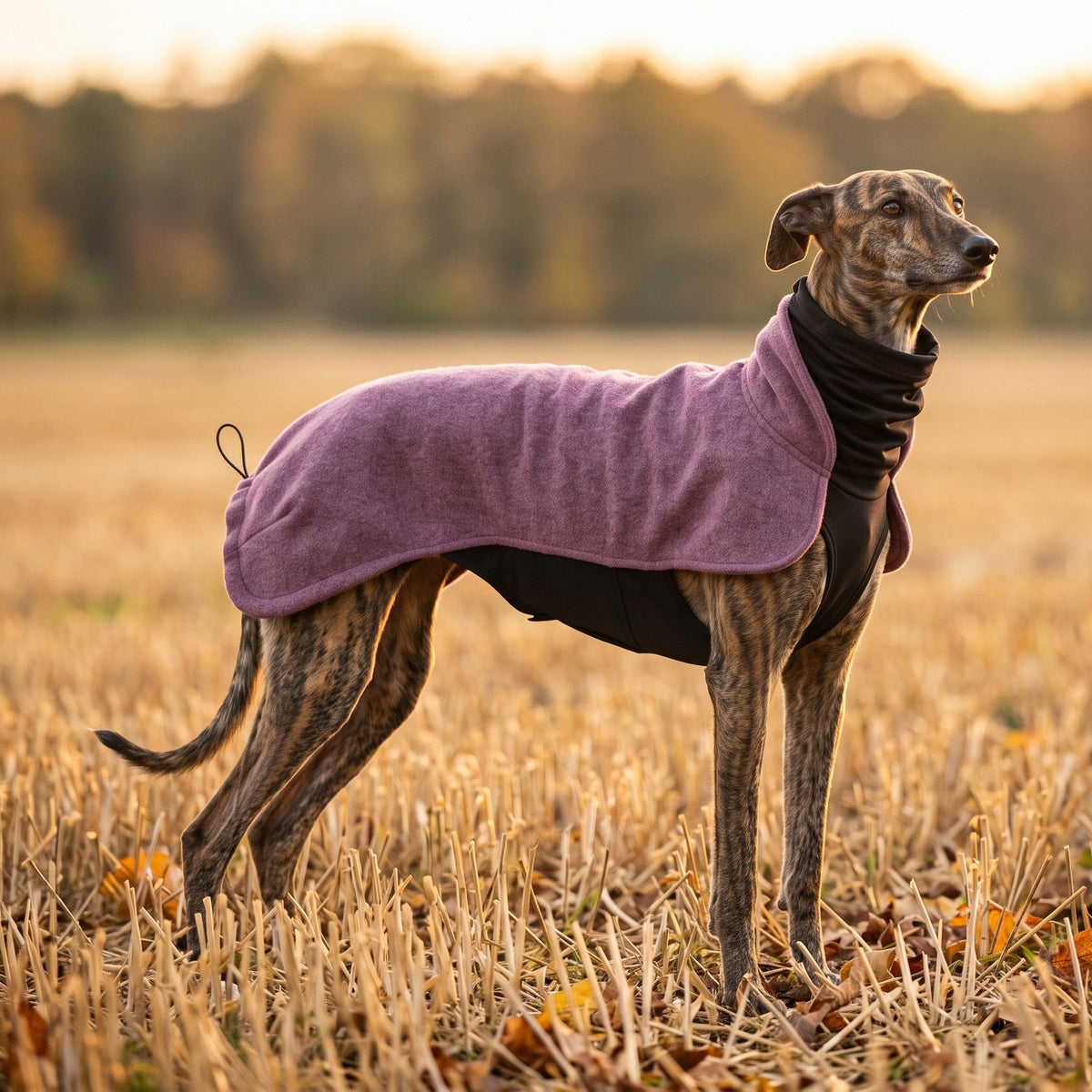 Galgo im Wau-Jumper Hundepullover Beere auf einem herbstlichen Feld