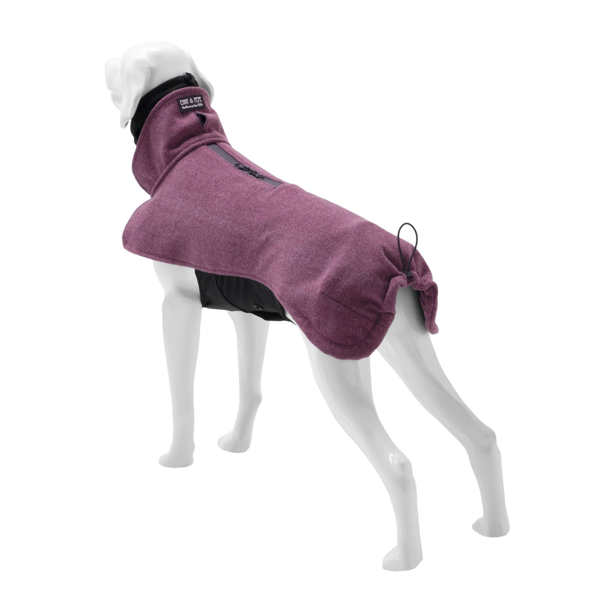 Wau-Jumper Hundepullover Beere schräg von hinten mit raffbarem Hinterteil und Kordelzug