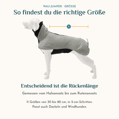 Hundepullover-Größe finden: Rückenlänge messen, 11 Größen von 30 bis 80 cm, passt auch Dackeln und Windhunden