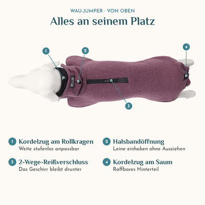 Wau-Jumper von oben: Kordelzug am Rollkragen, Halsbandöffnung, 2-Wege-Reißverschluss und raffbares Hinterteil