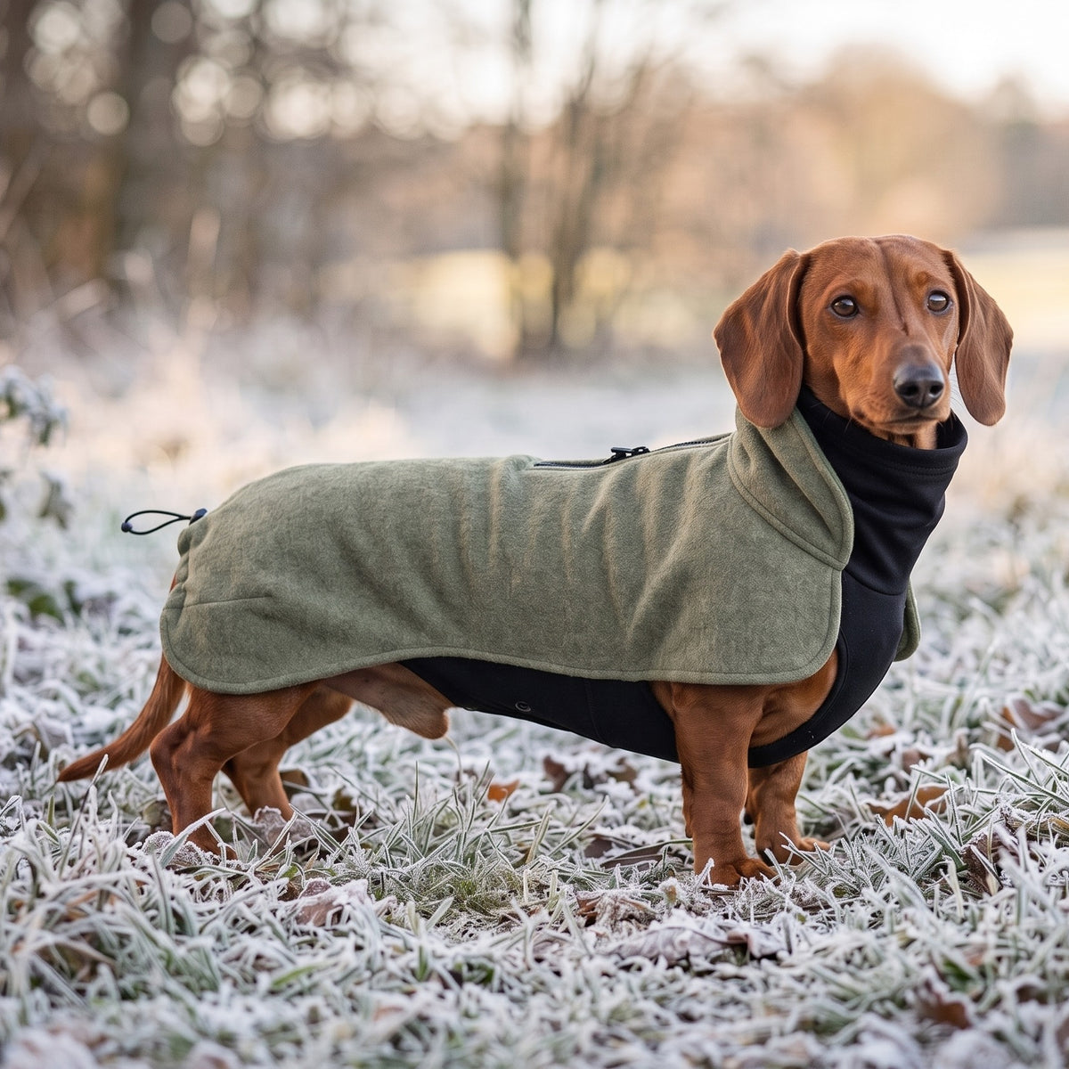 Dackel im Wau-Jumper Hundepullover Olive auf einer Wiese mit Raureif