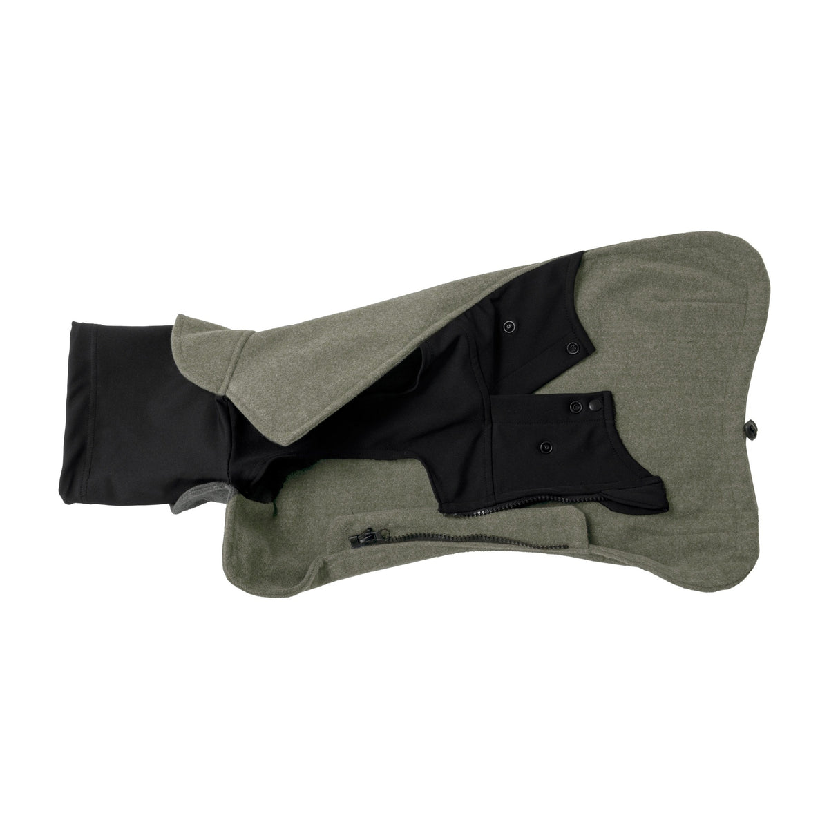 Wau-Jumper in Olive mit geöffnetem Bauchstück: Druckknöpfe für die Rüden-Funktion und Reißverschluss