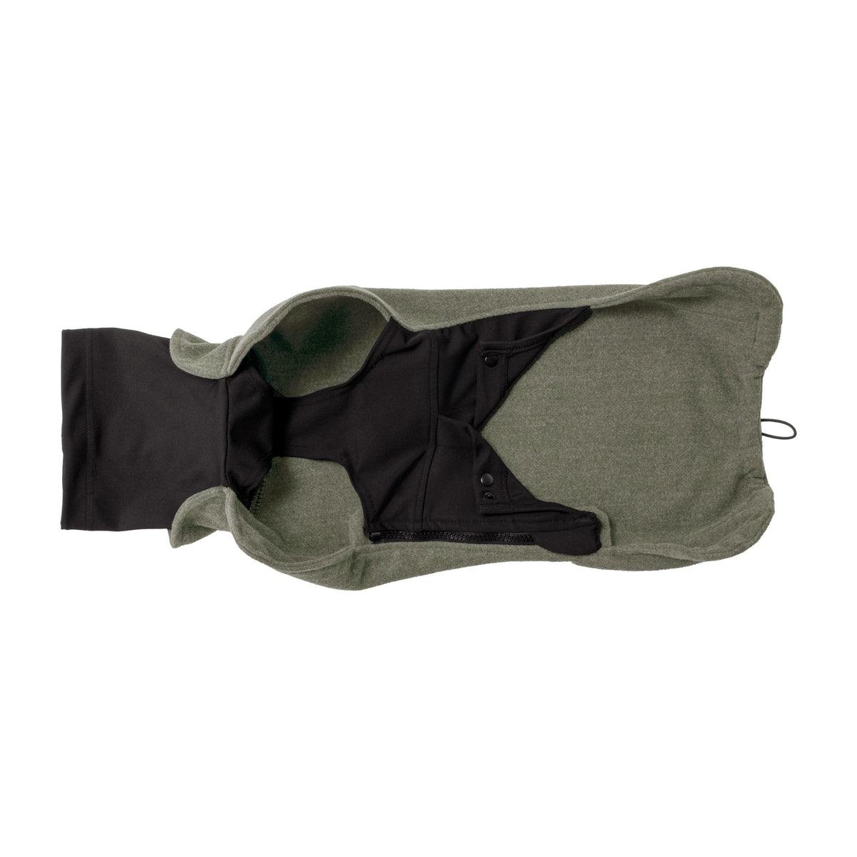 Innenseite des Wau-Jumper in Olive mit Bauchstück aus schwarzem Stretch und Druckknöpfen