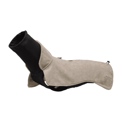 Wau-Jumper Hundepullover in Taupe von EMMY & PEPE mit hohem schwarzem Rollkragen, seitlich liegend