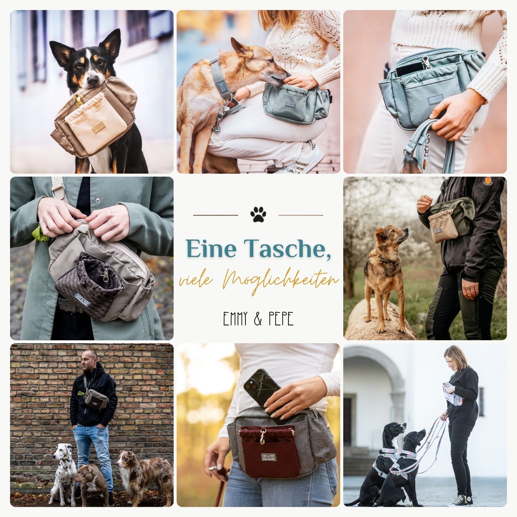 Wau-Pack Gassitasche in verschiedenen Alltagssituationen mit Hund beim Gassi gehen, Training und Spaziergang.
