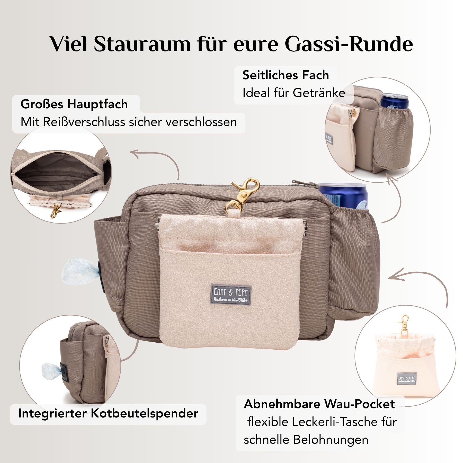 Wau-Pack Set mit Gassitasche, verstellbarem Gurtband und abnehmbarer Wau-Pocket als Leckerli-Tasche.