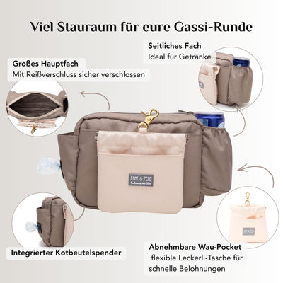 Wau-Pack Set mit Gassitasche, verstellbarem Gurtband und abnehmbarer Wau-Pocket als Leckerli-Tasche.