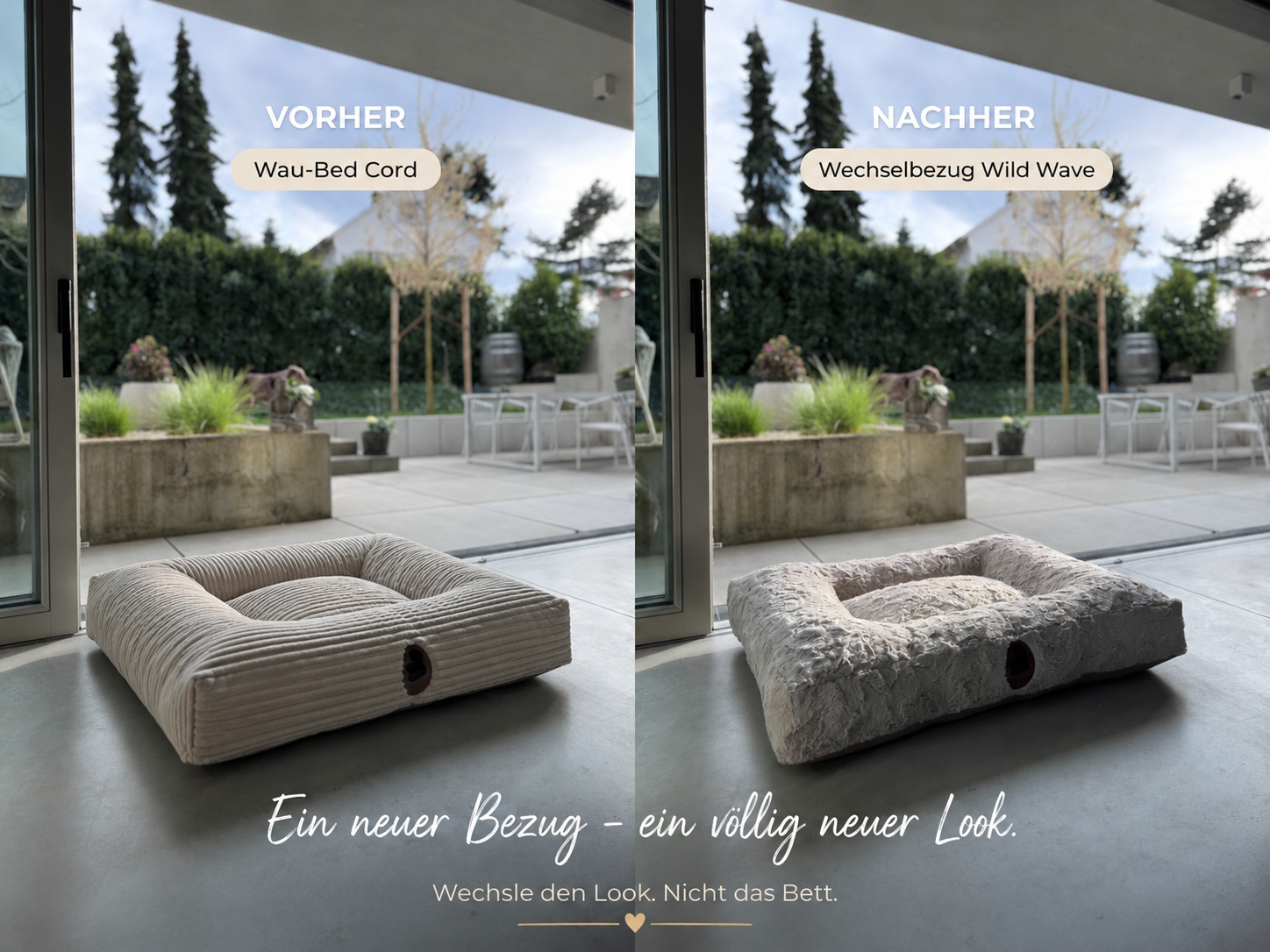 Wechselbezug für Hundebett im Vorher-Nachher-Vergleich: Wau-Bed Cord mit neuem Wechselbezug Wild Wave für einen frischen Look.