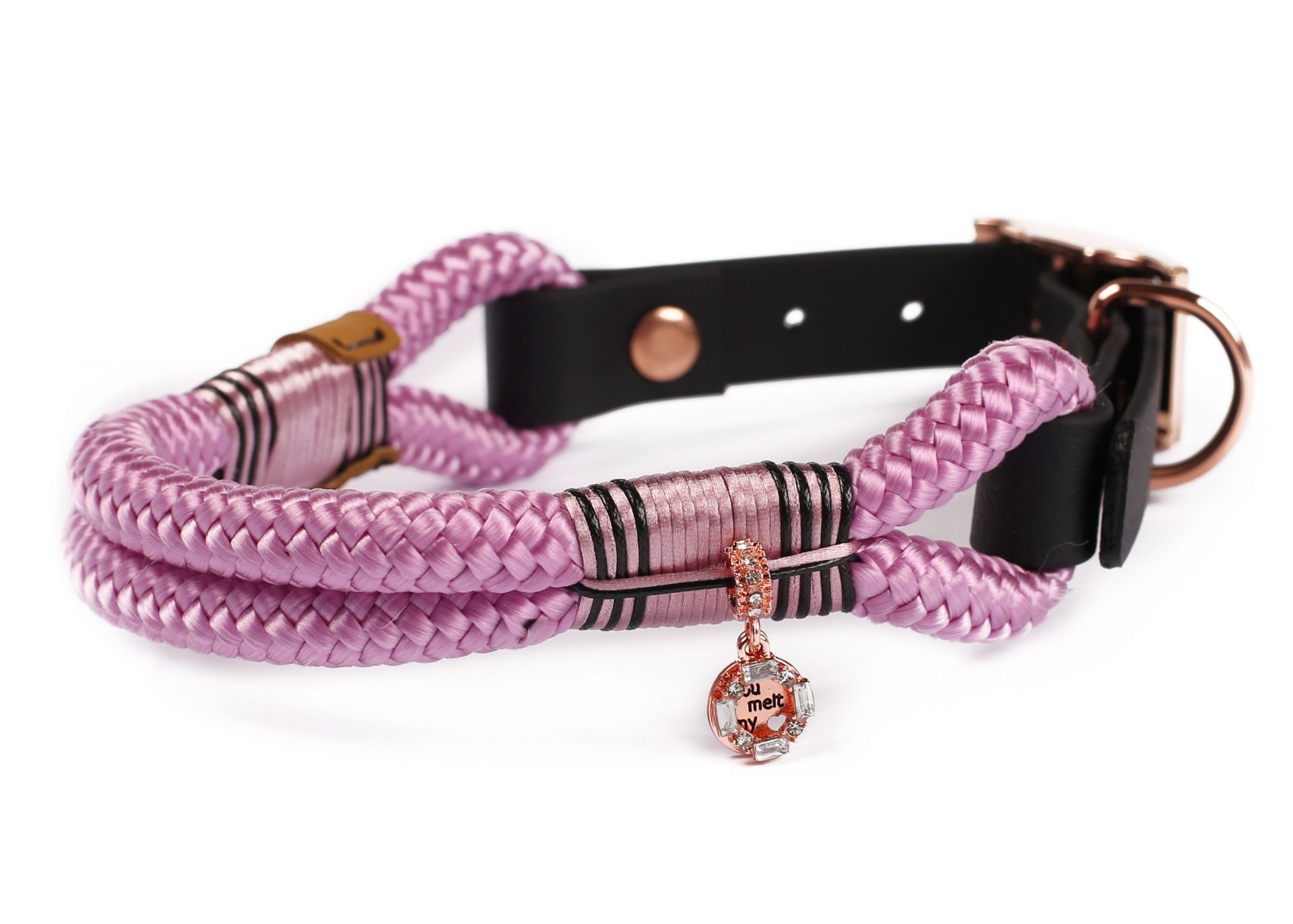 Halsband Hundehalsband Tauhalsband ohne Perlen Vegan Handarbeit abwaschbar verstellbar wasserabweisend robust Gassi gehen schwarz Roségold Lavendel