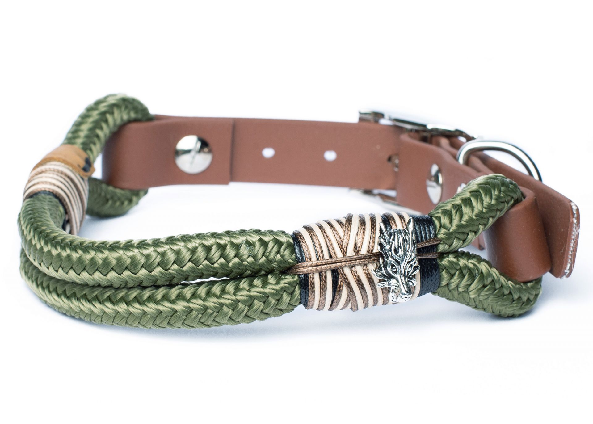 Halsband Hundehalsband Tauhalsband ohne Perlen Vegan Handarbeit abwaschbar verstellbar wasserabweisend robust Gassi gehen braun silber olivgrün